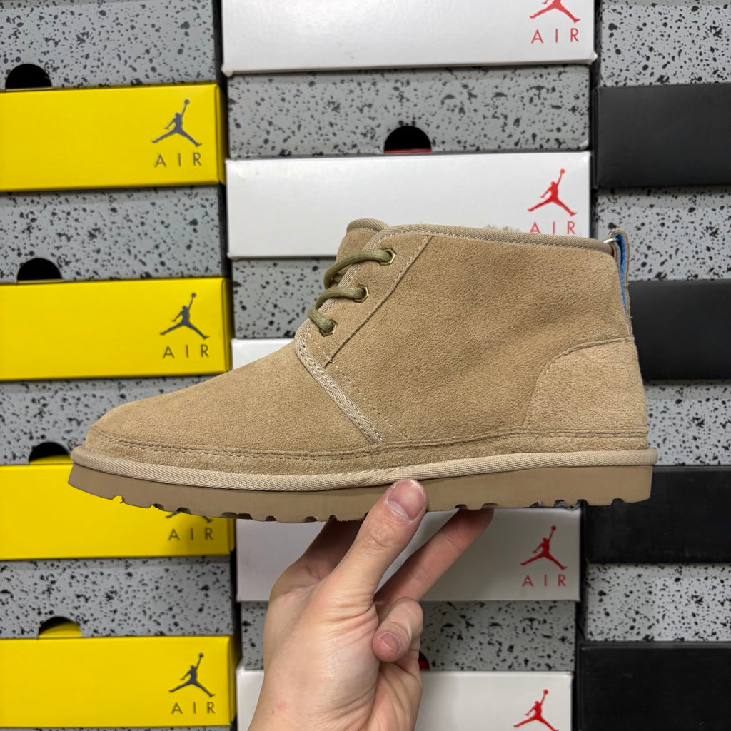 UGG Neumel Boot – Sand/Beige Suede Lace-Up Chukka with Blue Heel Pull Tab, Debossed UGG Logo & Gum Sole