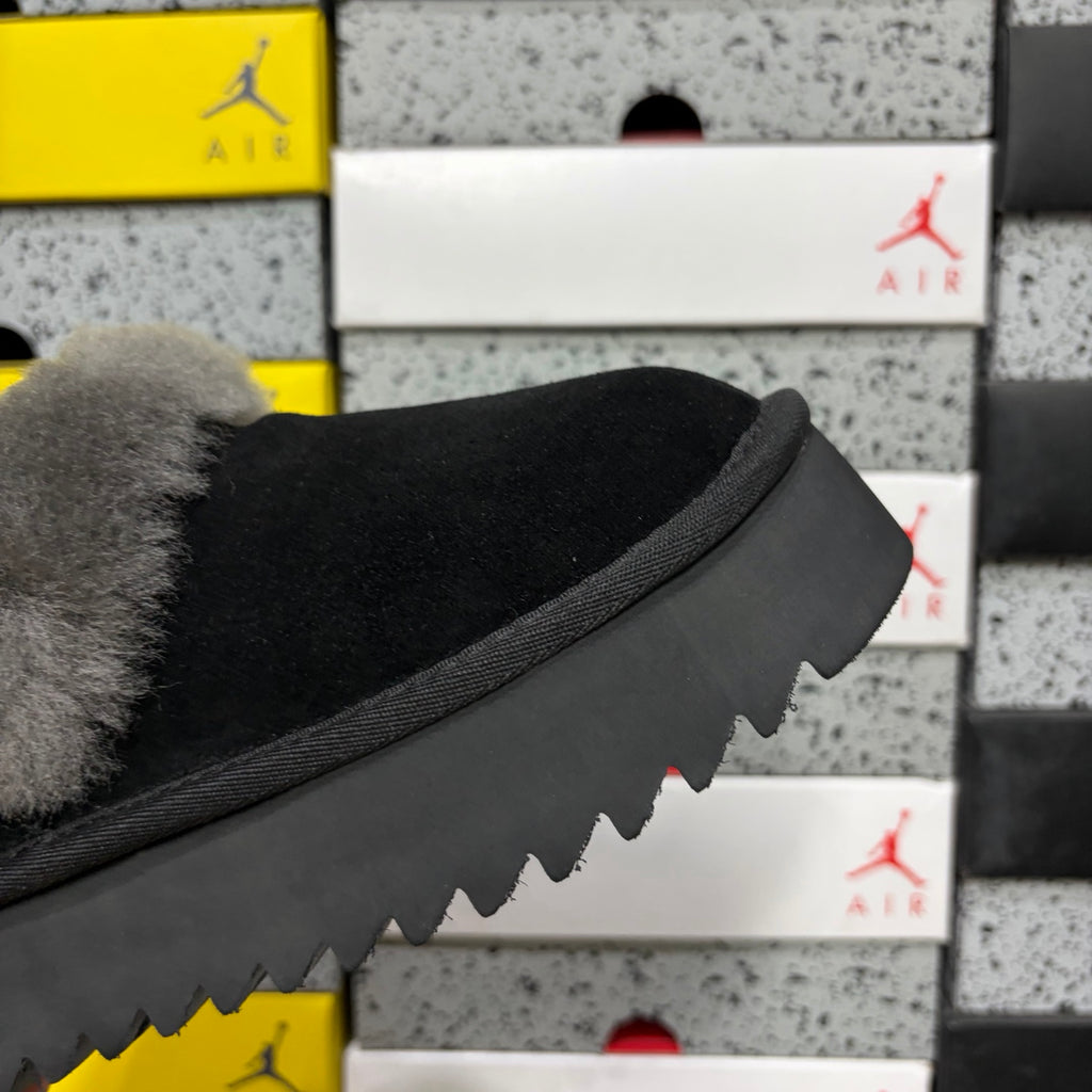 UGG Kallen Lace – Black Suede Platform Bootie with Fluffy Grey Sheepskin Cuff, Back Lace Detail & Sawtooth Lug Sole