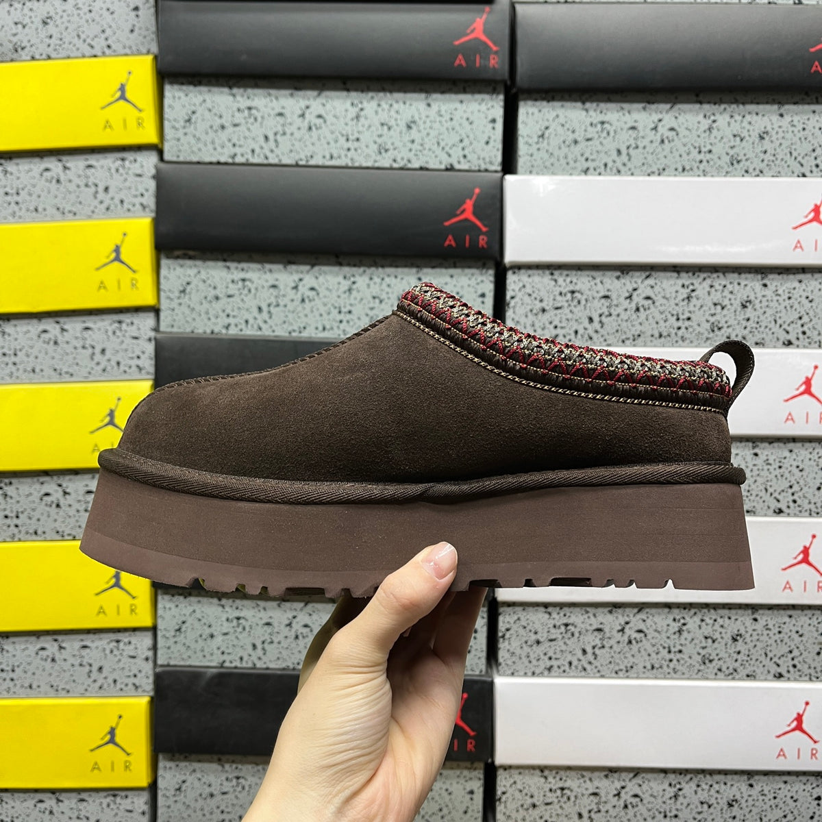 UGG Tazz Platform Slipper – Chocolate Suede with Multi-Color Woven Collar Trim