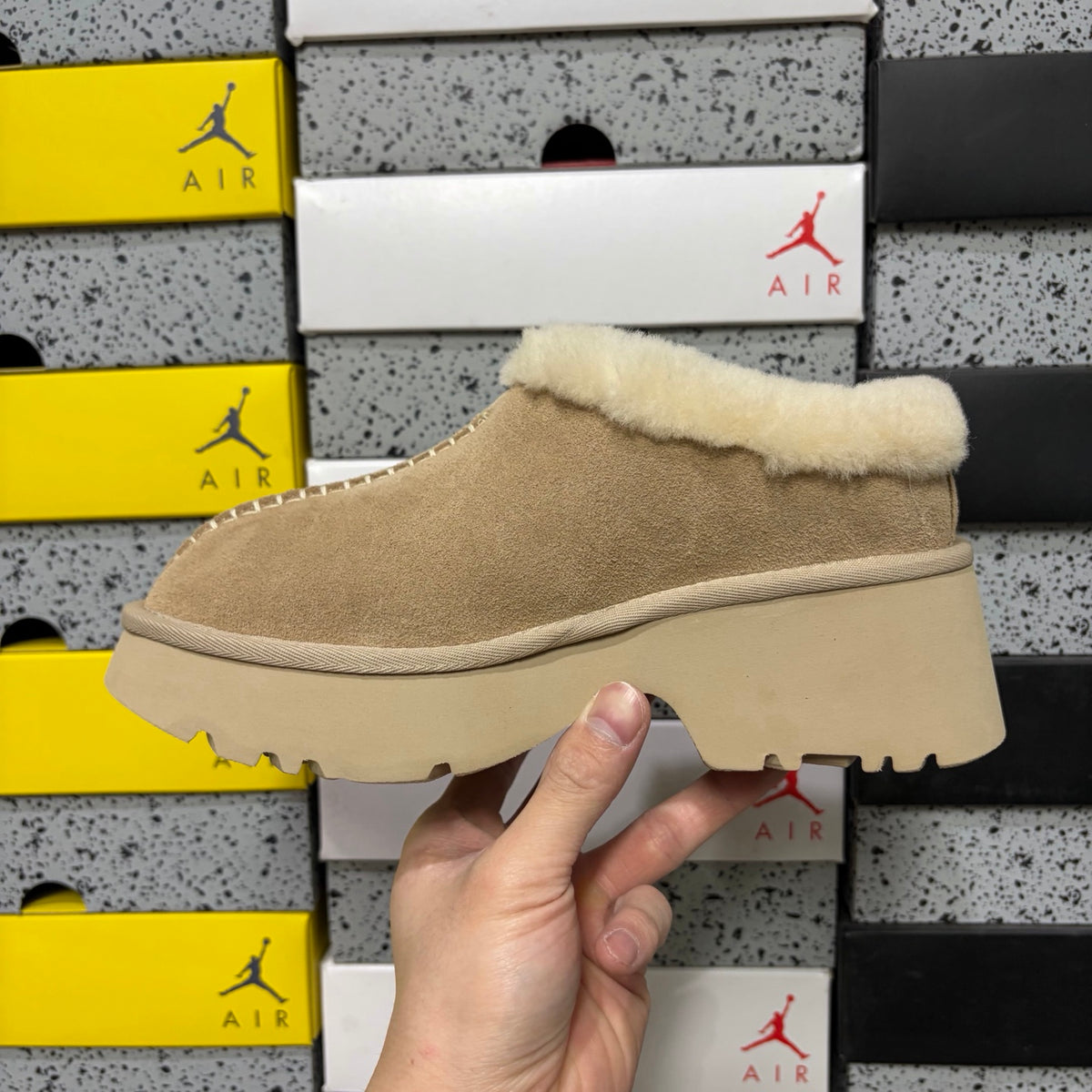 UGG Fisherman Wedge Slide – Sand with Genuine Sheepskin Footbed