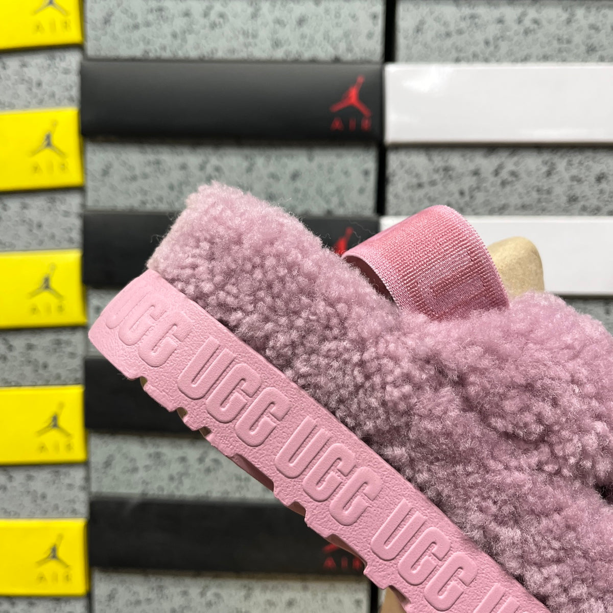 UGG Fluff Sugar Slide – Pink Teddy Shearling Crossband Sandal with Branded Platform Sole