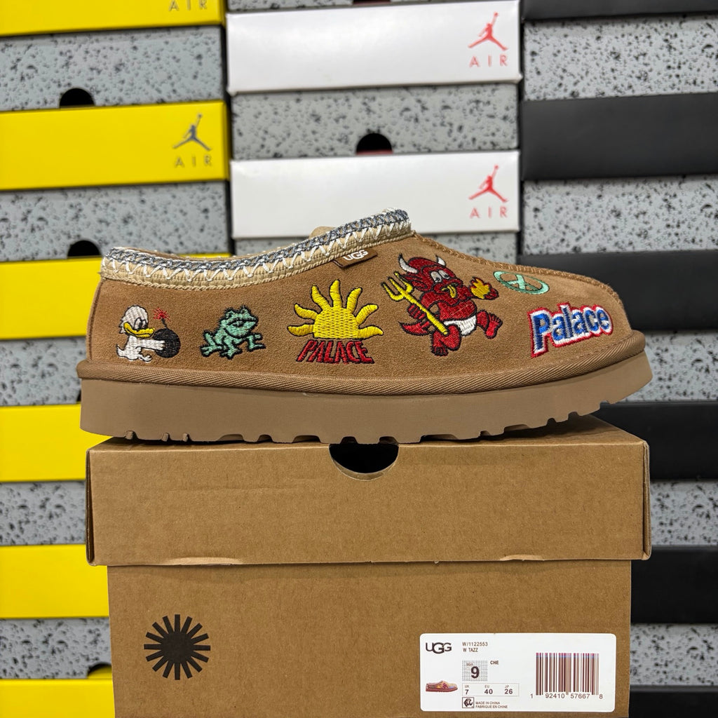 UGG × Palace Skateboards Tasman Slipper – Chestnut Suede with Embroidered Graphic Patches & Metallic Braid Trim