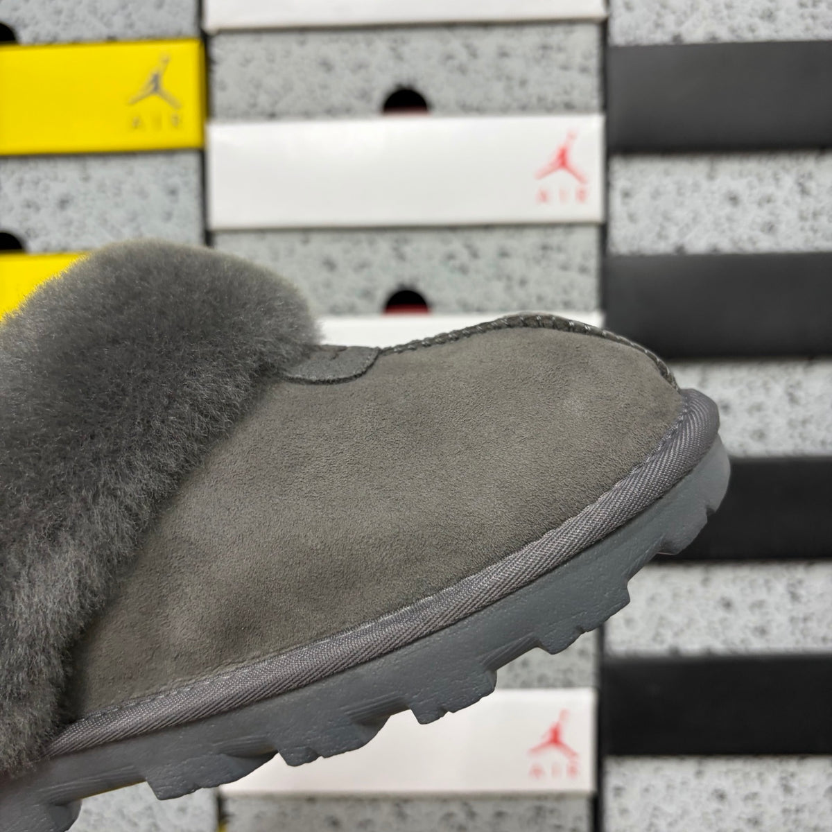 UGG Tazz Slipper – Charcoal Suede Platform Mule with Tonal Grey Sheepskin Cuff & All-Charcoal Lug Sole