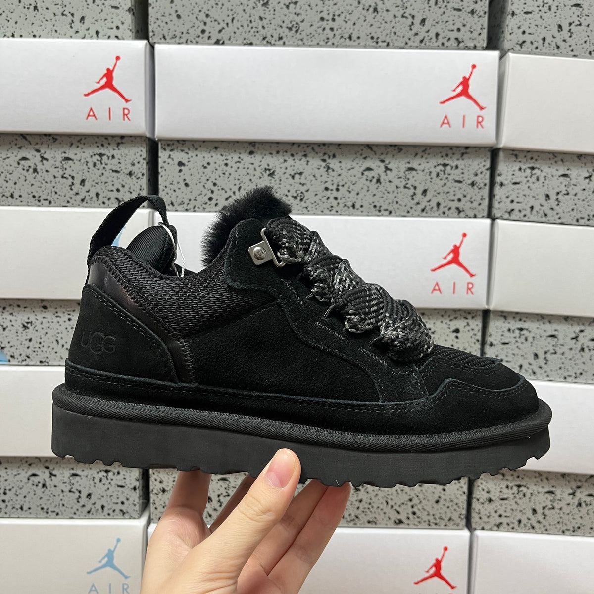 UGG Kallen Lace – Black Suede Lace-Up Sneaker Boot with Shearling Collar & Chunky Lug Sole