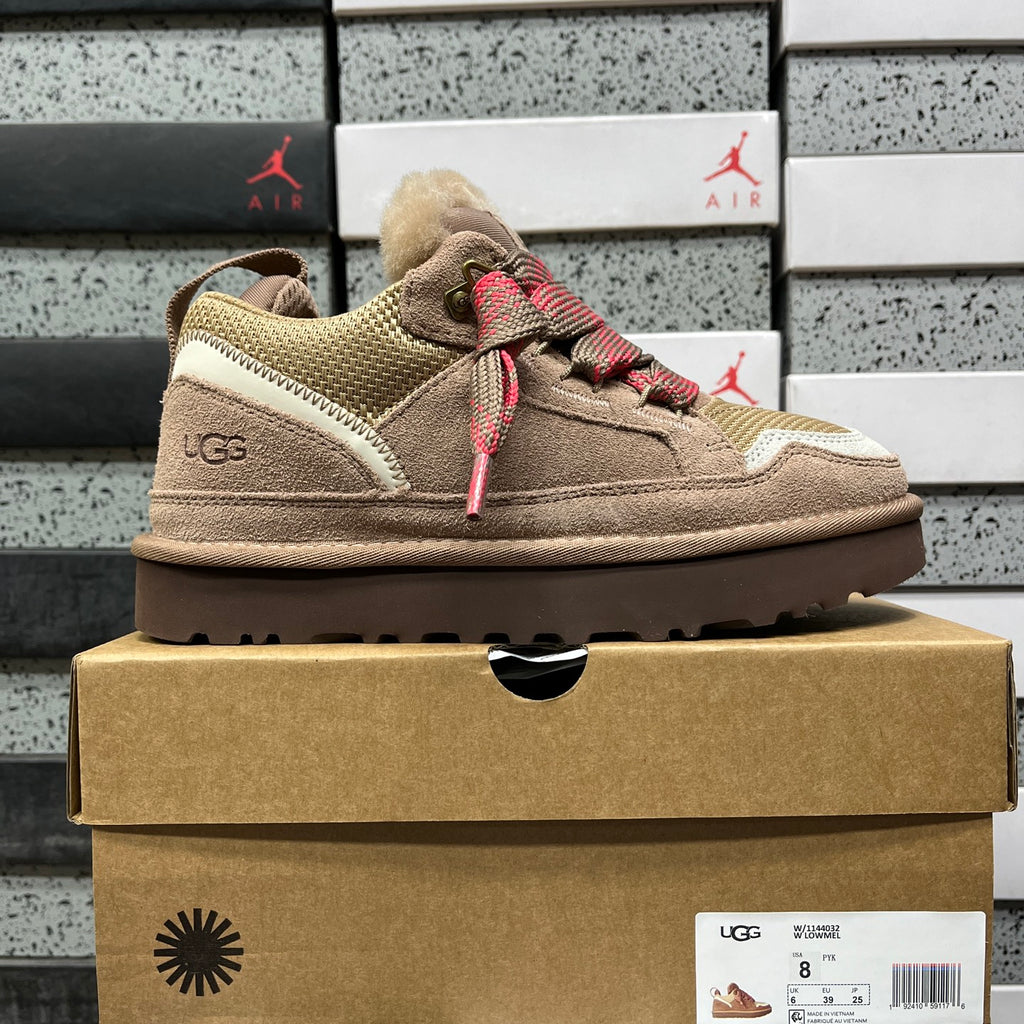 UGG Lowmel Sneaker – Camel Suede & Mesh with Red Braided Laces & Dark Chocolate SugarSole