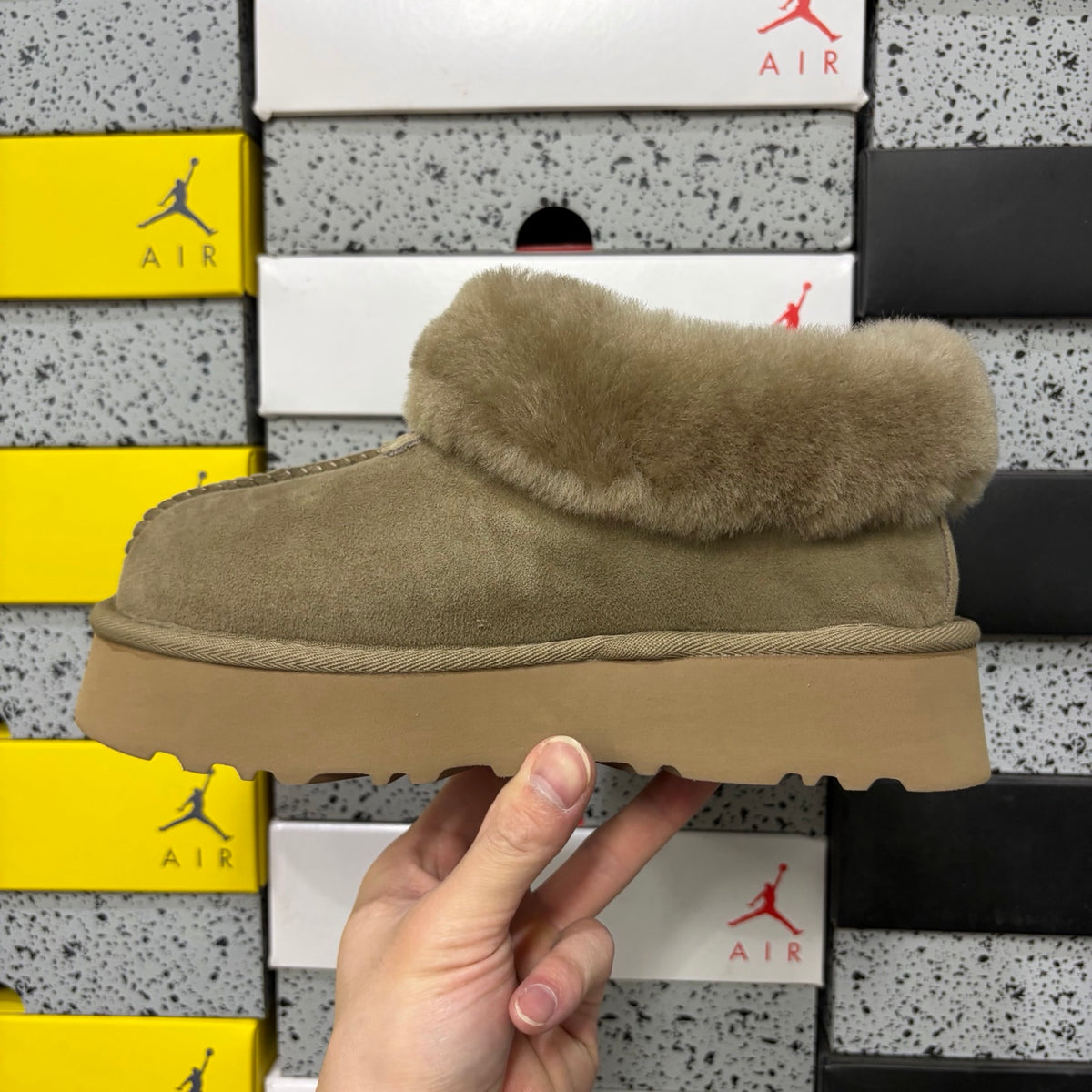 UGG Tazz Slipper – Olive Suede Platform Mule with Tonal Olive Sheepskin Cuff & Gum Lug Sole