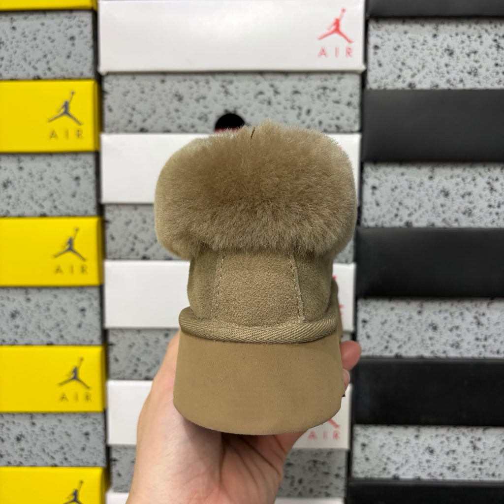 UGG Tazz Slipper – Olive Suede Platform Mule with Tonal Olive Sheepskin Cuff & Gum Lug Sole