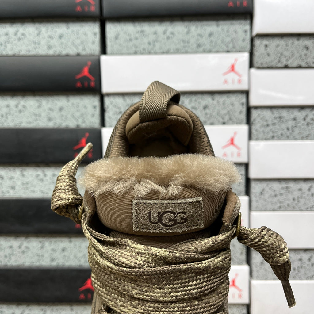UGG Lowmel Sneaker – Hickory Tonal Suede & Mesh with Sheepskin Collar & Gum SugarSole