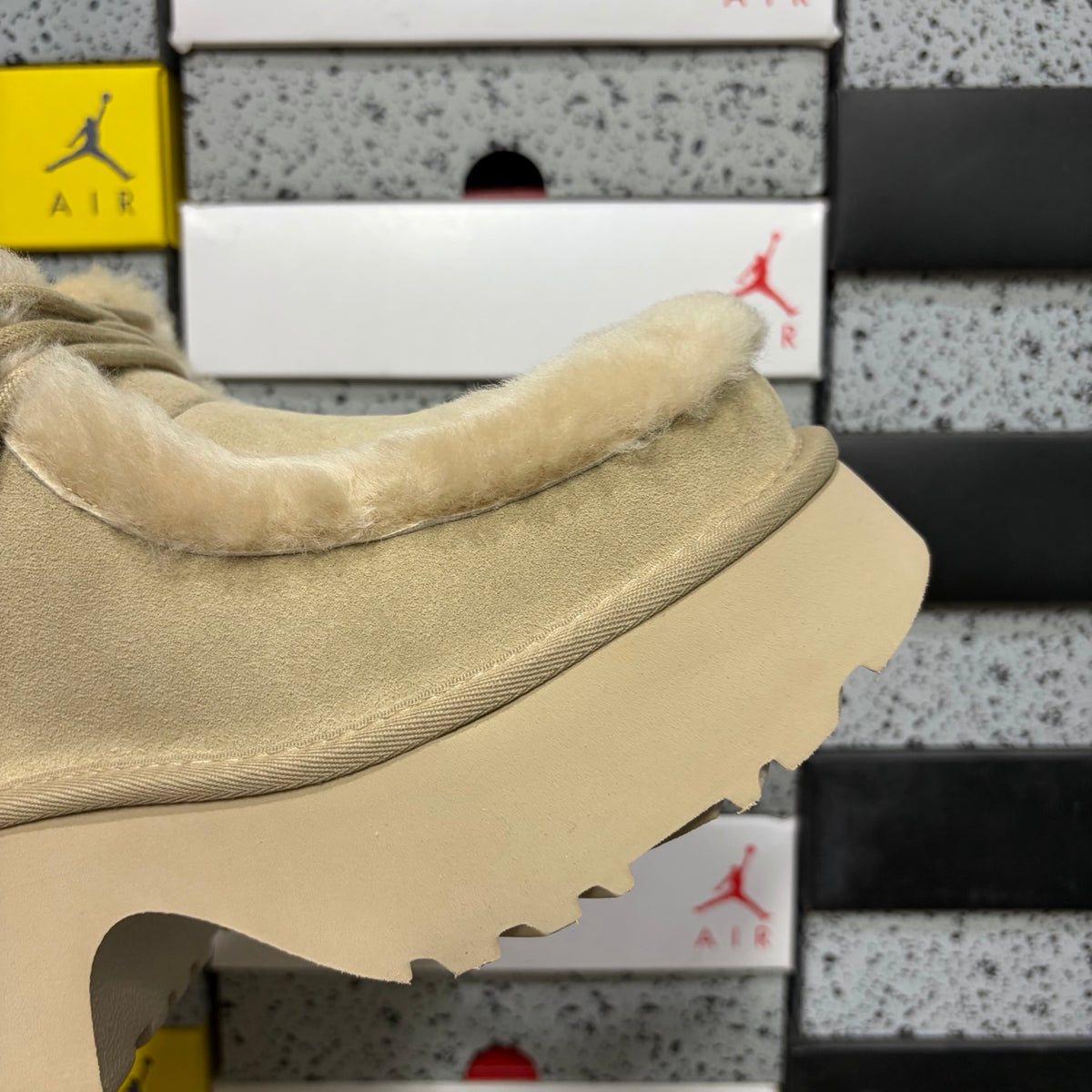 UGG Millen Lace Boot – Sand Suede Ankle Boot with Tonal Shearling Cuff & Chunky Platform Sole