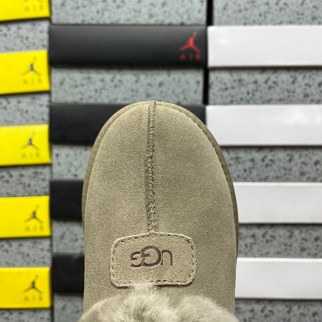 UGG Tazzette Slipper – Sage Suede with Tonal Fluffy Sheepskin Cuff