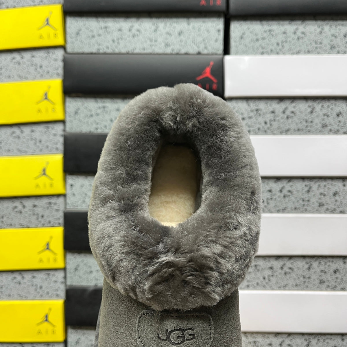 UGG Classic Mini Boot – Grey Suede with Oversized Fluffy Shearling Cuff