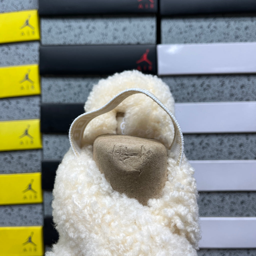 UGG Fluffita Cross Strap – Natural Cream Teddy Shearling Platform Sandal with Logo Ankle Strap