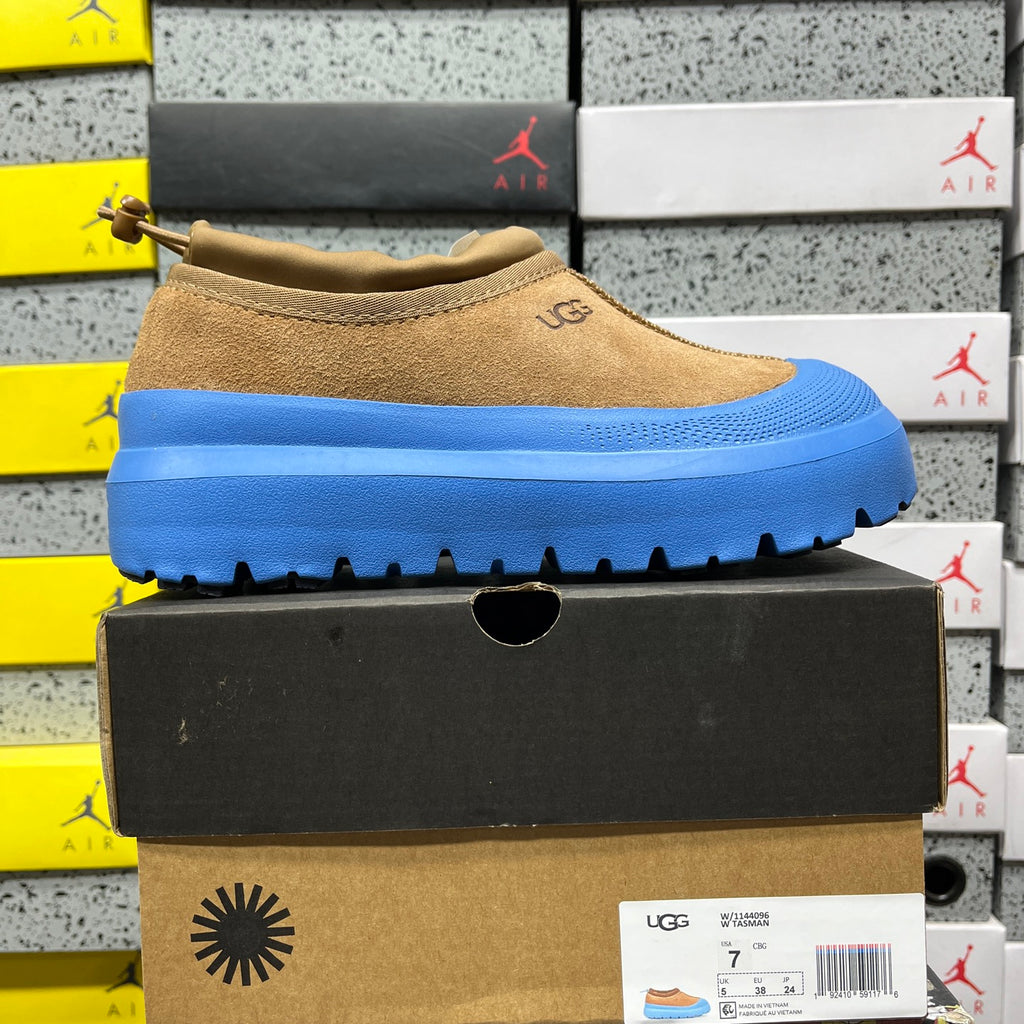 UGG Tasman Weather Hybrid – Tan Suede Slip-On with Cobalt Blue SugarSole & Sheepskin Lining