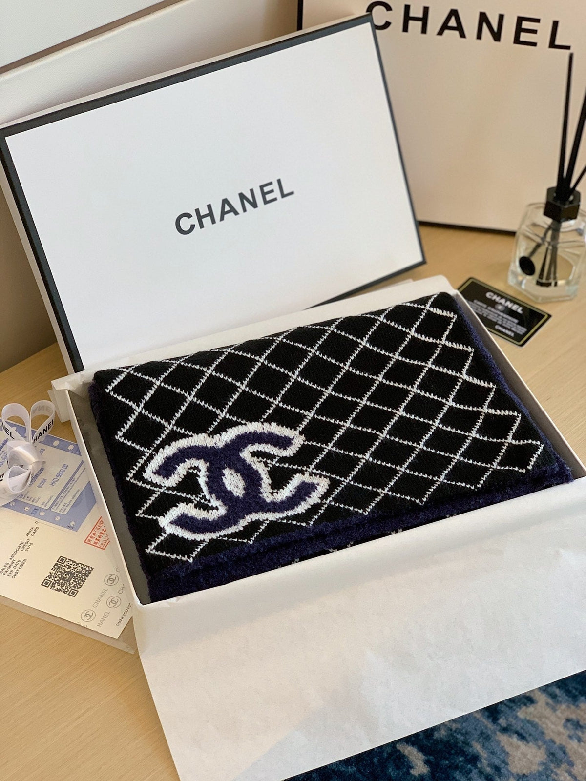 Chanel Style Reversible Plush Diamond Logo Scarf