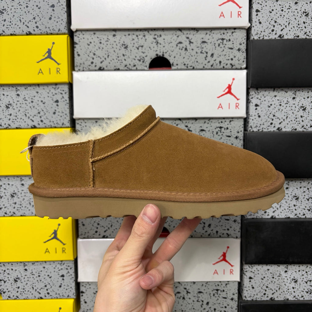 UGG Ultra Mini Boot – Chestnut Suede Low Ankle Boot with Cream Sheepskin Lining & Heel Pull Loop