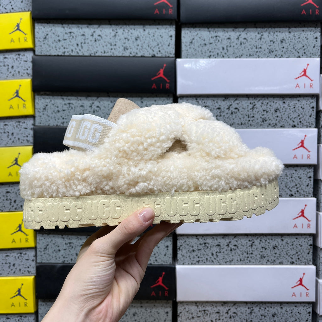 UGG Fluffita Cross Strap – Natural Cream Teddy Shearling Platform Sandal with Logo Ankle Strap
