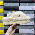 UGG Fluffita Cross Strap – Natural Cream Teddy Shearling Platform Sandal with Logo Ankle Strap