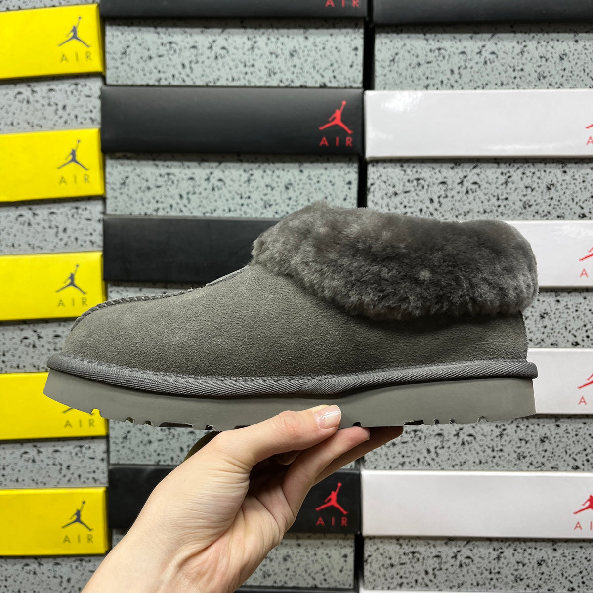 UGG Classic Mini Boot – Grey Suede with Oversized Fluffy Shearling Cuff