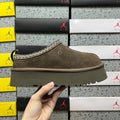 UGG Tazz Platform Slipper – Olive Suede with Embroidered Collar Trim