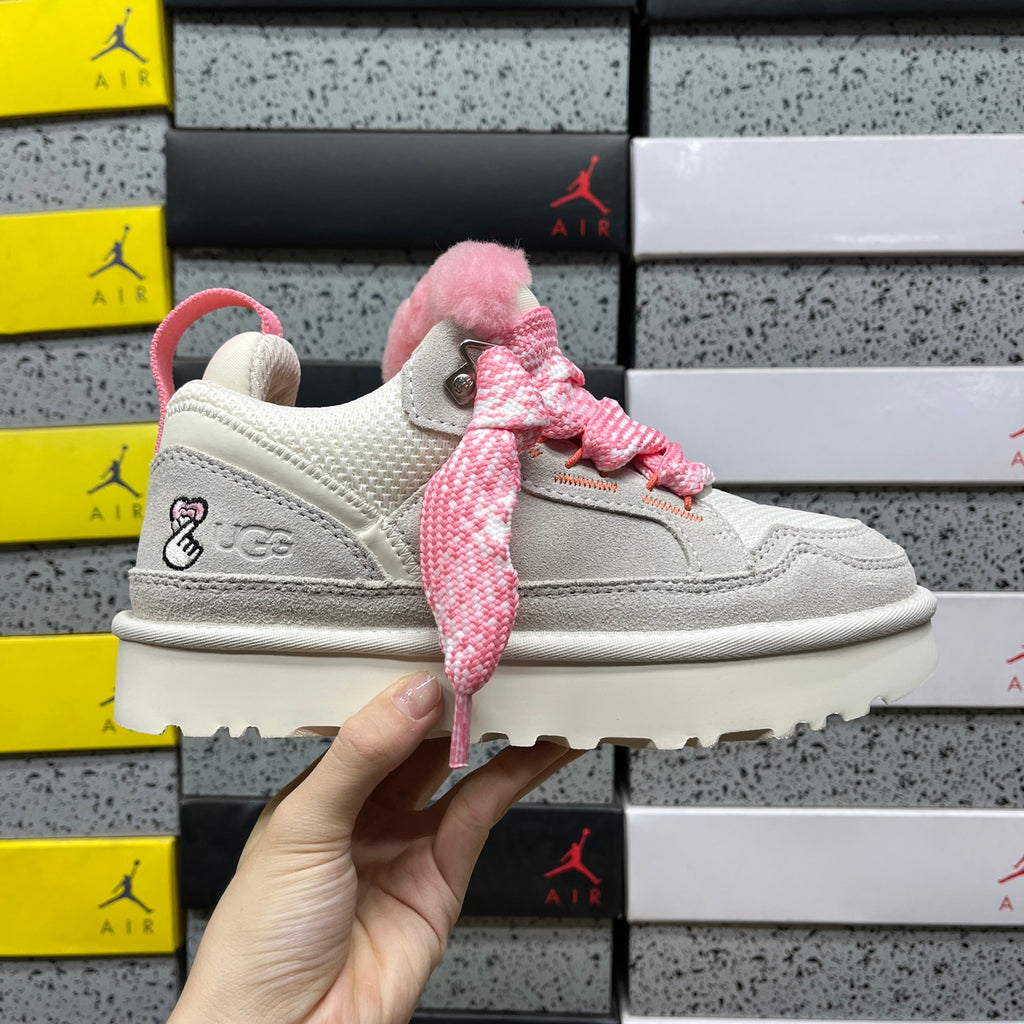 UGG Lowmel Sneaker – Cream Suede with Fluffy Pink Laces & Pompom Charm