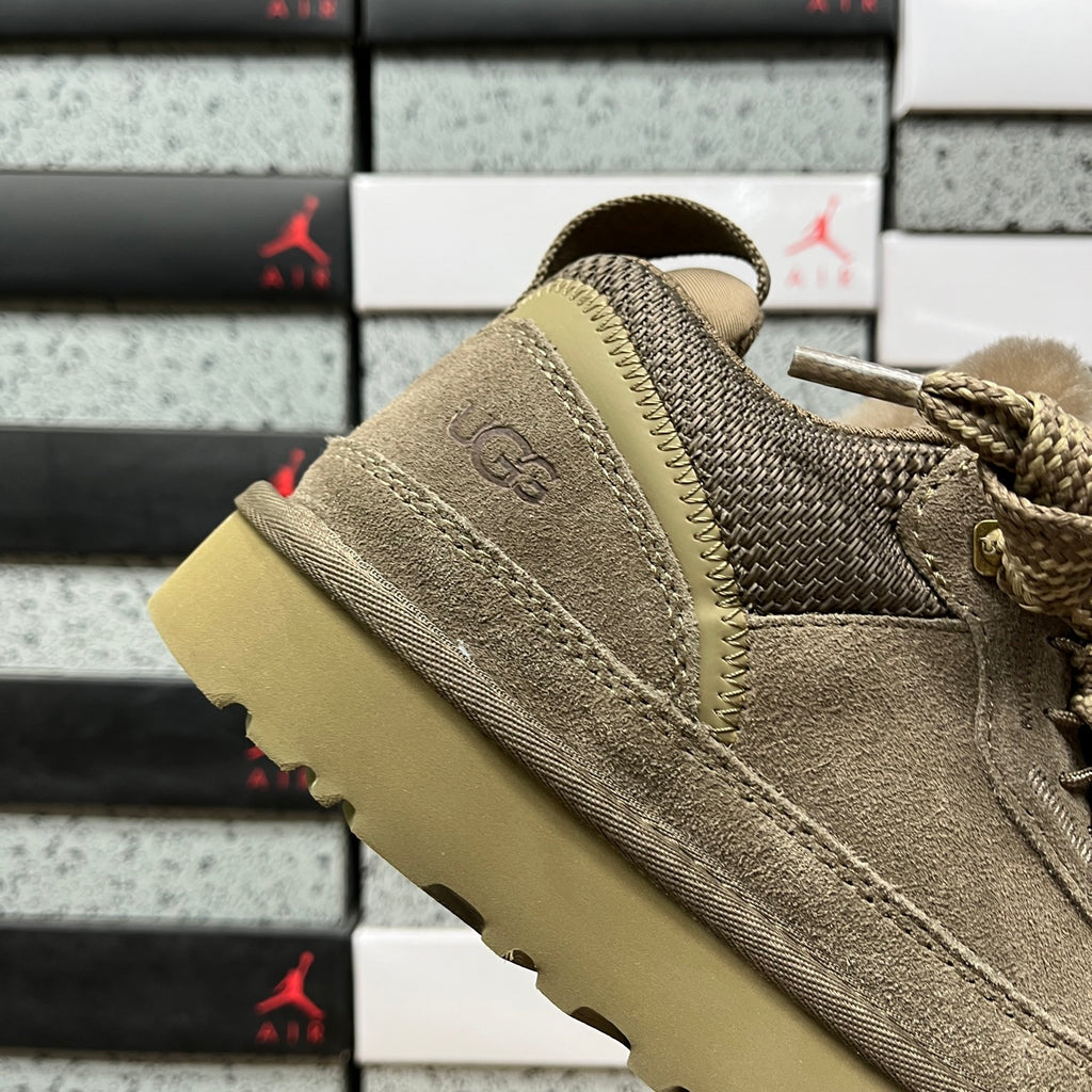 UGG Lowmel Sneaker – Hickory Tonal Suede & Mesh with Sheepskin Collar & Gum SugarSole