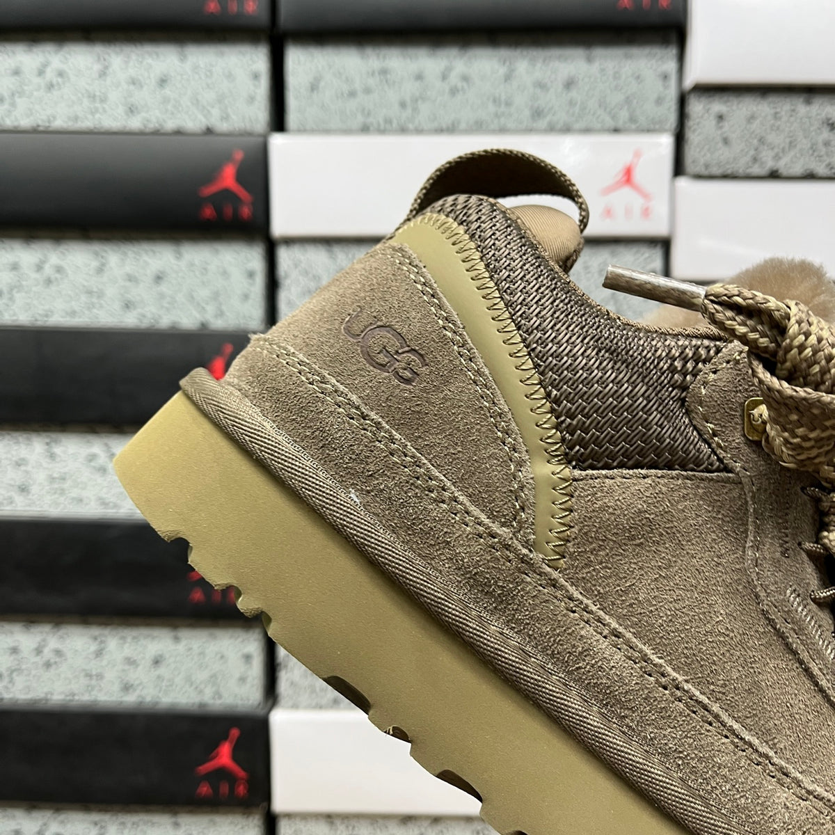 UGG Lowmel Sneaker – Hickory Tonal Suede & Mesh with Sheepskin Collar & Gum SugarSole