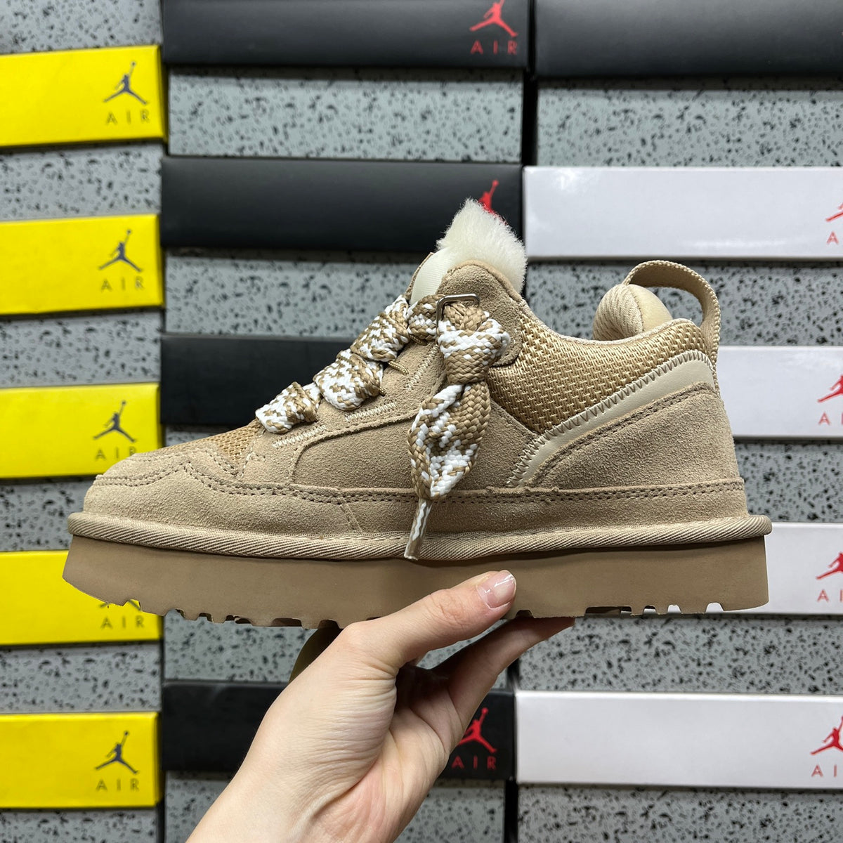 UGG Lowmel Sneaker – Sand Tonal with Sheepskin Collar & Cream SugarSole
