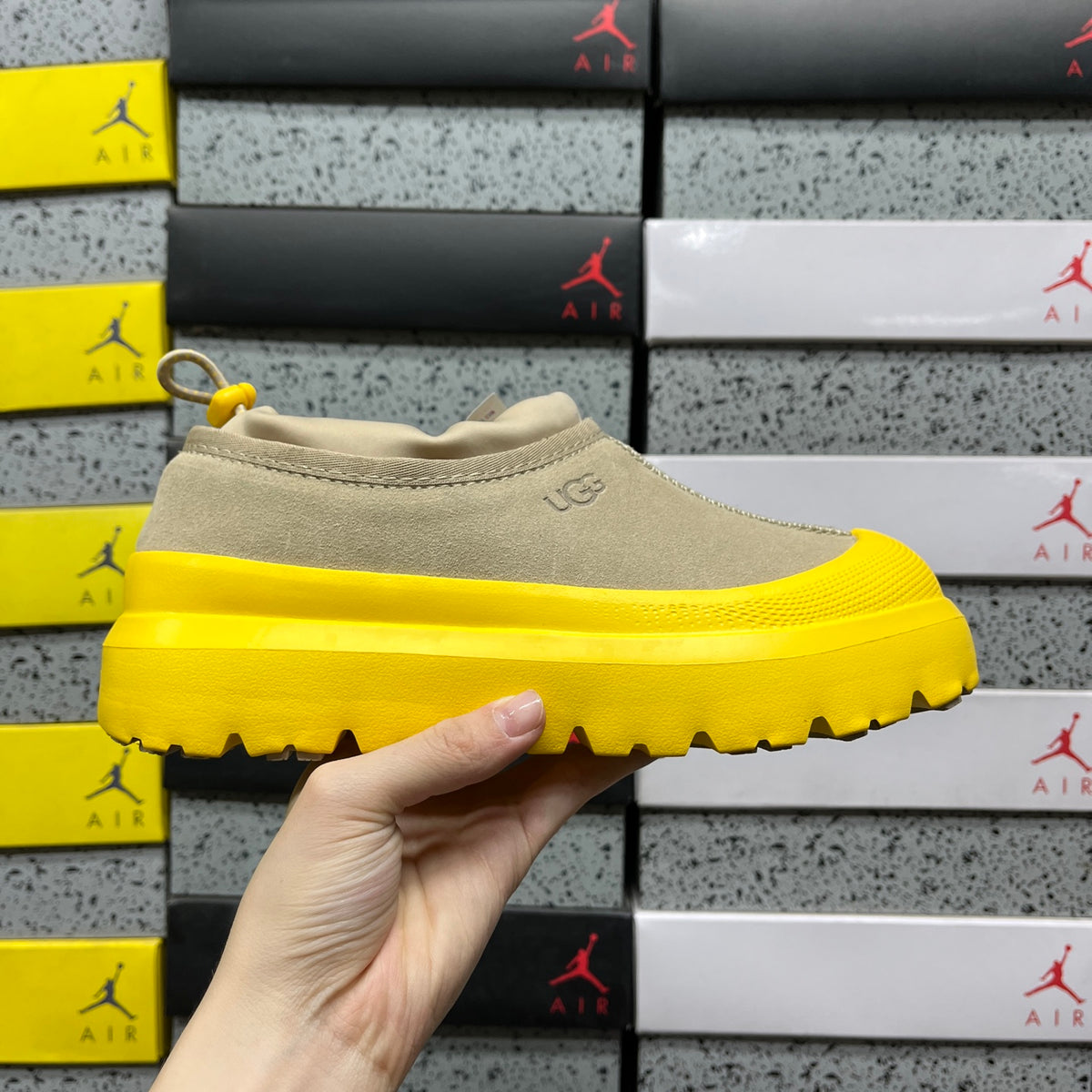 UGG Tasman Weather Hybrid – Sand Suede Slip-On with Yellow SugarSole & Sheepskin Lining