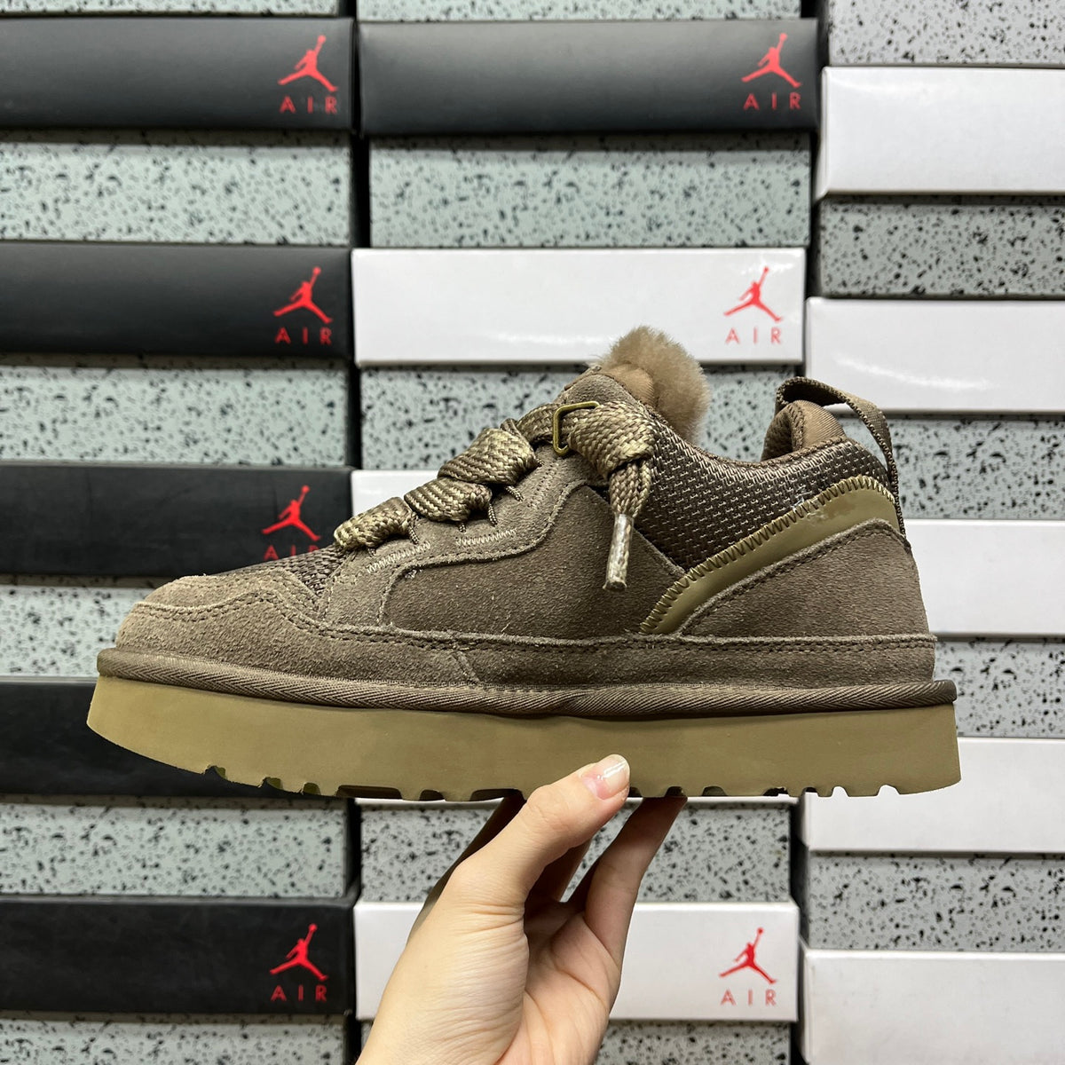 UGG Lowmel Sneaker – Hickory Tonal Suede & Mesh with Sheepskin Collar & Gum SugarSole