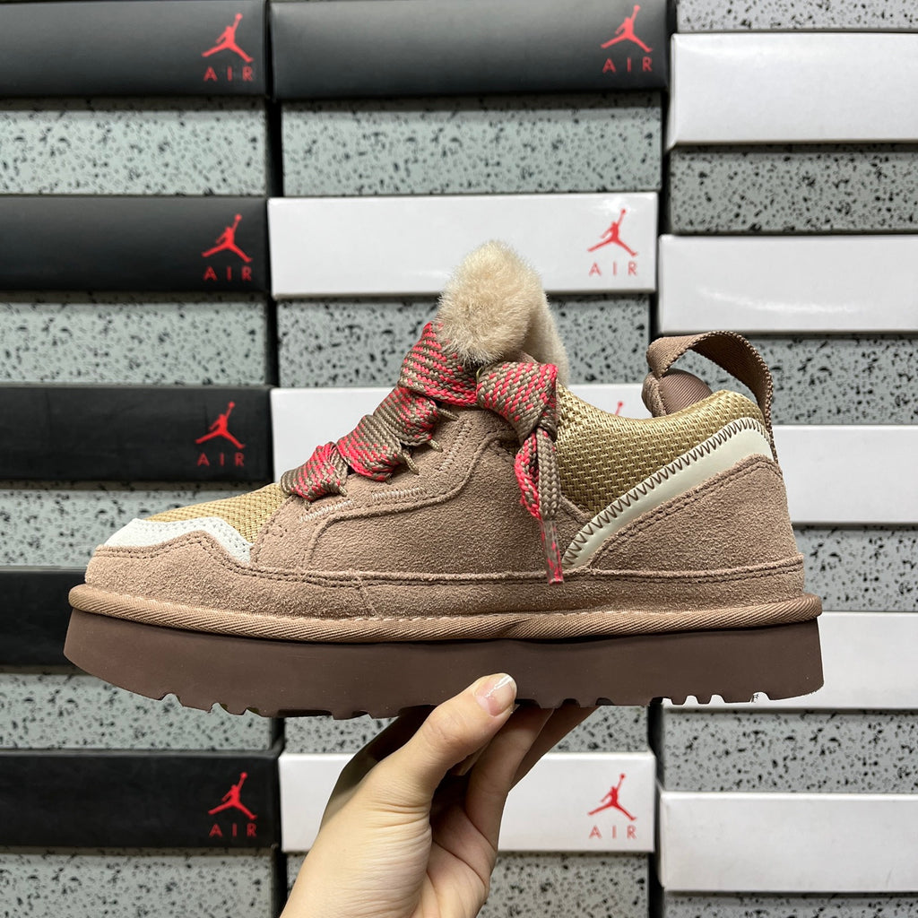 UGG Lowmel Sneaker – Camel Suede & Mesh with Red Braided Laces & Dark Chocolate SugarSole