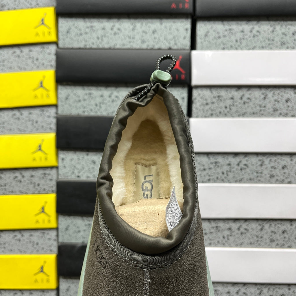 UGG Tasman Weather Hybrid – Dark Olive Suede Slip-On with Mint SugarSole & Sheepskin Lining