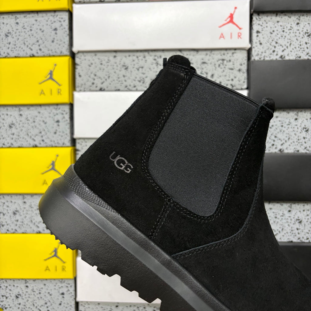 UGG Burleigh Chelsea Boot – All-Black Suede Slip-On with Elastic Gussets, UGGplush Outsole & Red UGG Heel Medallion