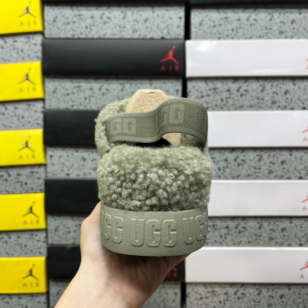 UGG Fluff Sugar Slide – Sage Teddy Shearling Crossband Sandal with Tonal Elastic Strap & Branded Platform