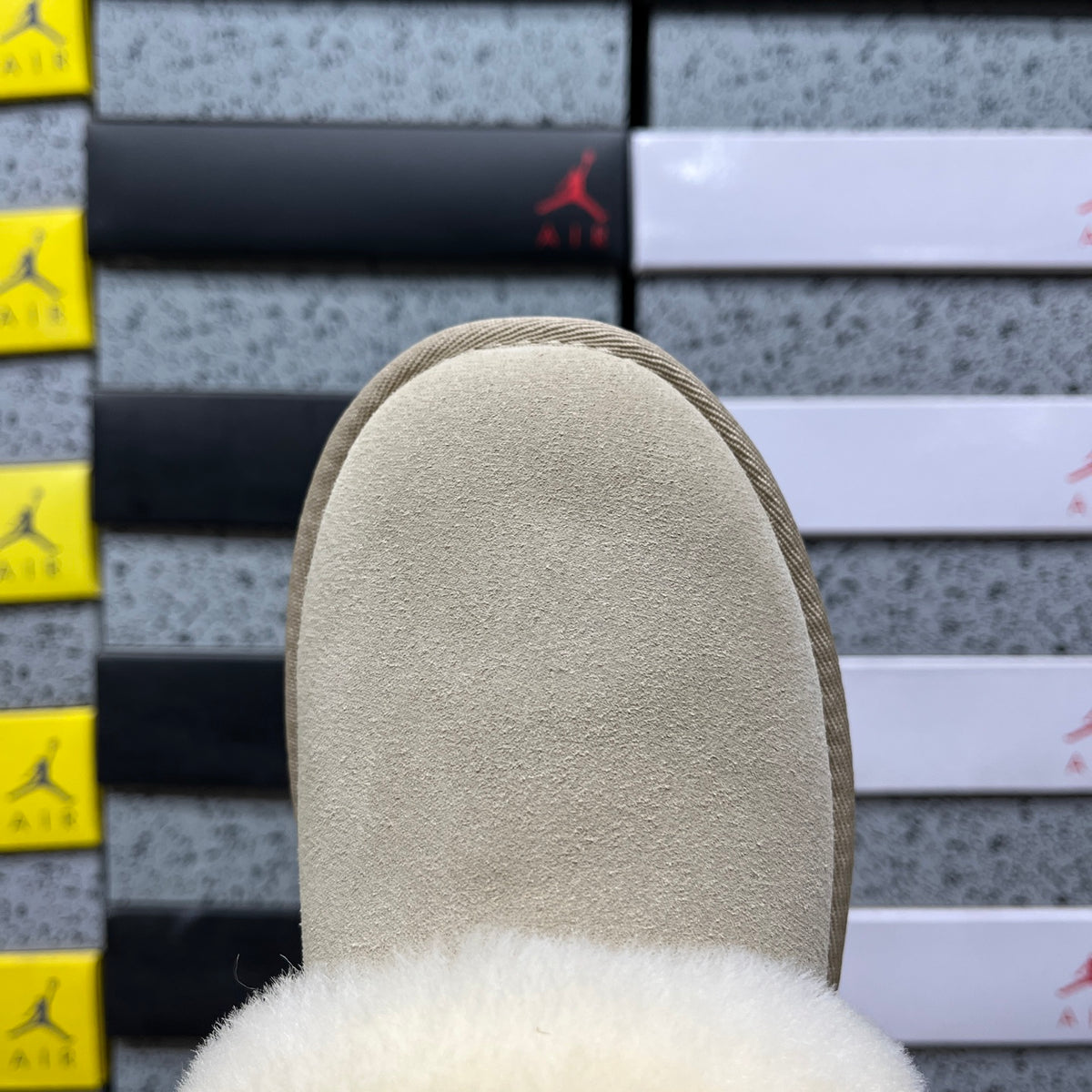 UGG Yazzelle – Sand Suede Platform Slipper with Cream Sheepskin Cuff & Tonal Lug Sole
