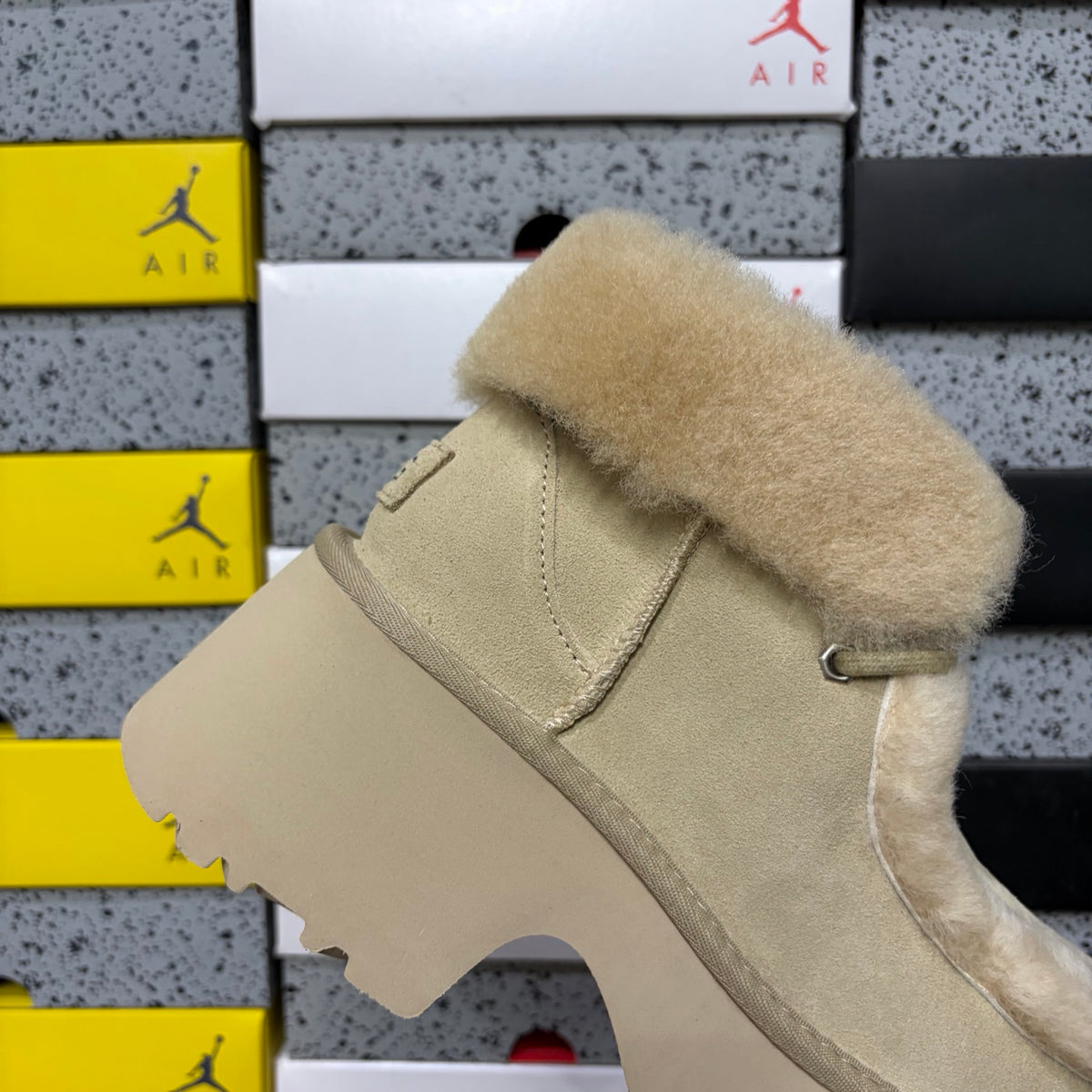 UGG Millen Lace Boot – Sand Suede Ankle Boot with Tonal Shearling Cuff & Chunky Platform Sole