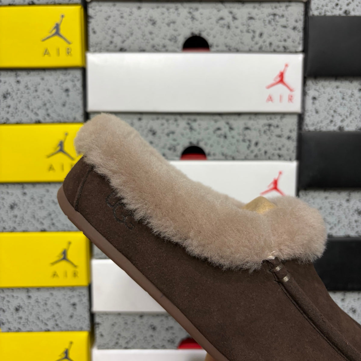 UGG Shearling Mule – Espresso Suede Open-Back Clog with Taupe Shearling Cuff & Silver Hardware