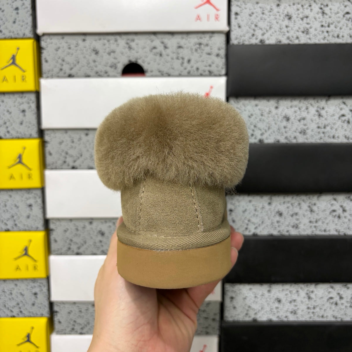 UGG Tazz Slipper – Sand Suede Platform Mule with Tonal Cream Sheepskin Cuff, Moccasin Seam & UGG Heel Tab
