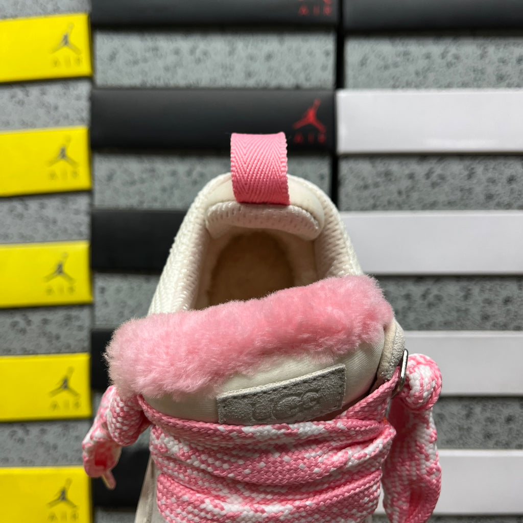 UGG Lowmel Sneaker – Cream Suede with Fluffy Pink Laces & Pompom Charm
