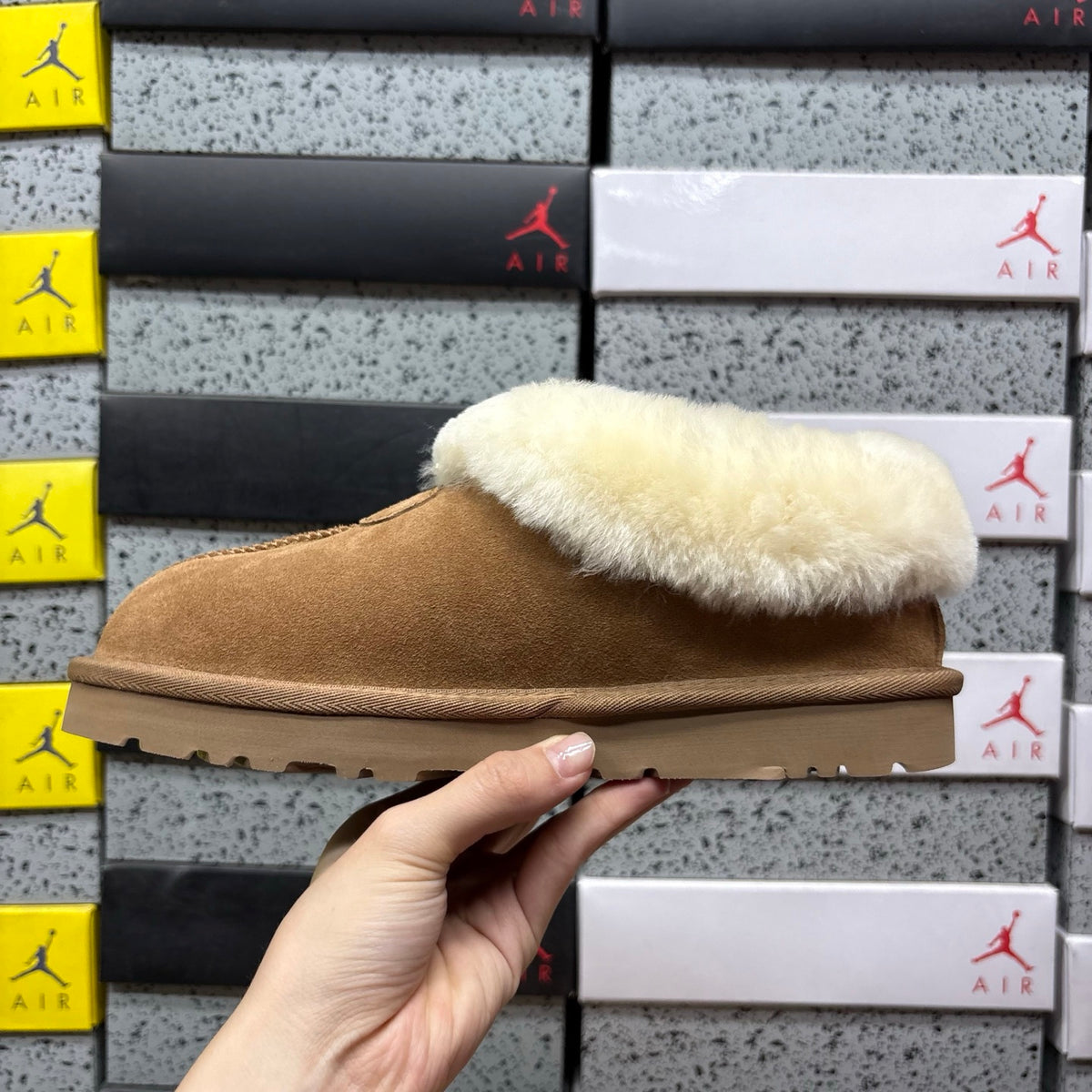 UGG Tazzette Slipper – Chestnut Suede with Fluffy Cream Sheepskin Cuff