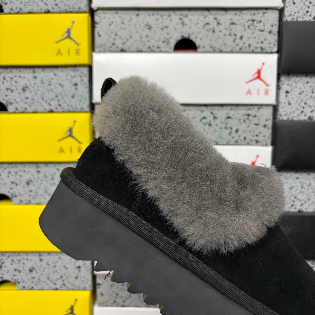 UGG Kallen Lace – Black Suede Platform Bootie with Fluffy Grey Sheepskin Cuff, Back Lace Detail & Sawtooth Lug Sole