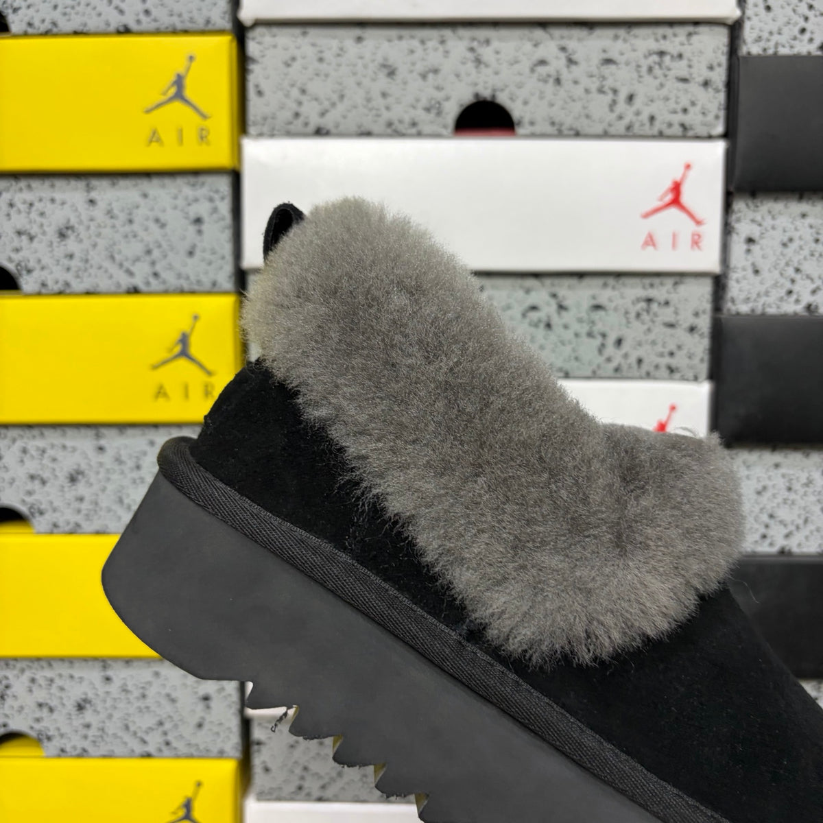 UGG Kallen Lace – Black Suede Platform Bootie with Fluffy Grey Sheepskin Cuff, Back Lace Detail & Sawtooth Lug Sole