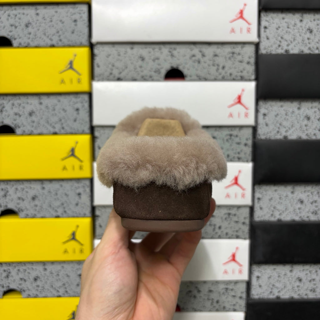 UGG Shearling Mule – Espresso Suede Open-Back Clog with Taupe Shearling Cuff & Silver Hardware
