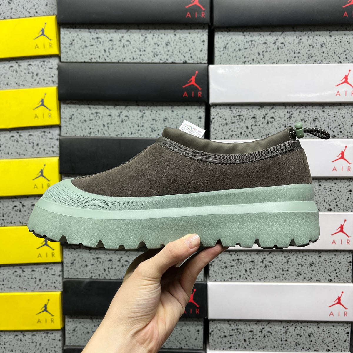 UGG Tasman Weather Hybrid – Dark Olive Suede Slip-On with Mint SugarSole & Sheepskin Lining