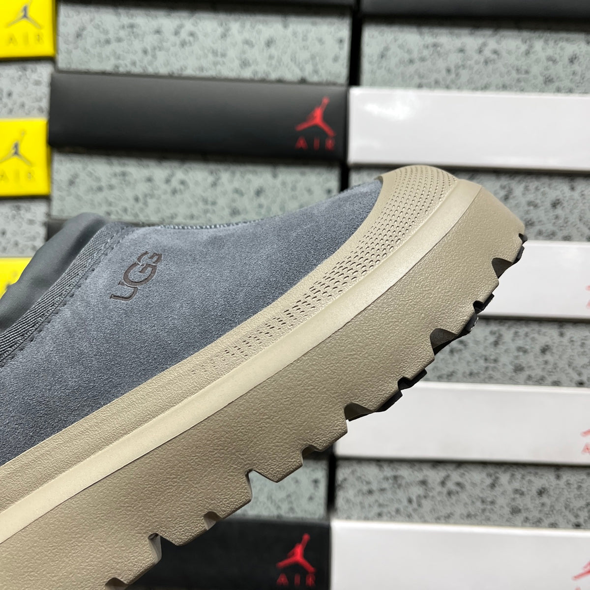 UGG Tasman Weather Hybrid – Slate Grey Suede Slip-On with Taupe SugarSole & Sheepskin Lining