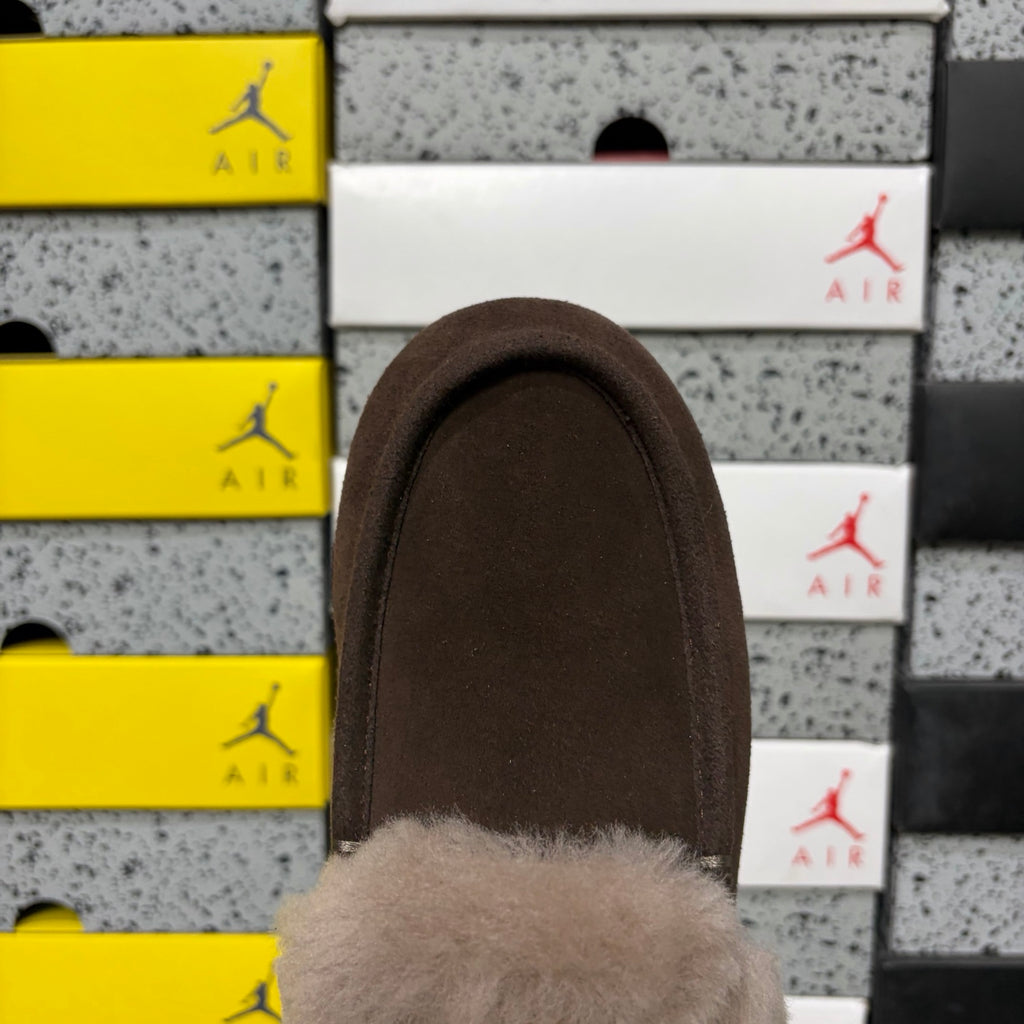 UGG Shearling Mule – Espresso Suede Open-Back Clog with Taupe Shearling Cuff & Silver Hardware