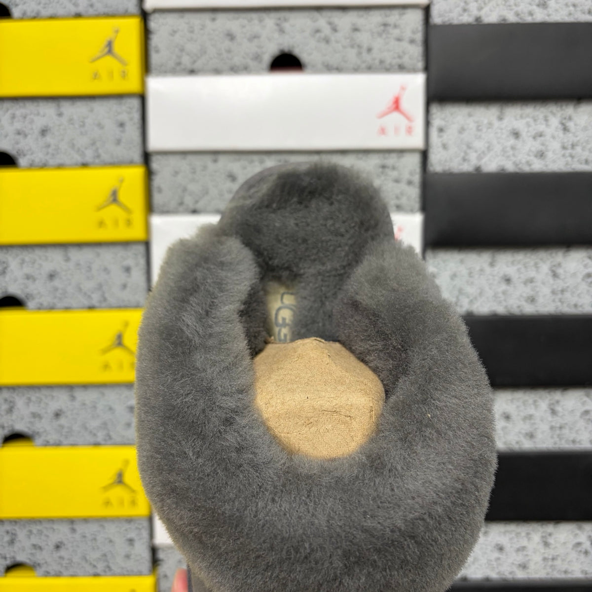 UGG Tazz Slipper – Charcoal Suede Platform Mule with Tonal Grey Sheepskin Cuff & All-Charcoal Lug Sole