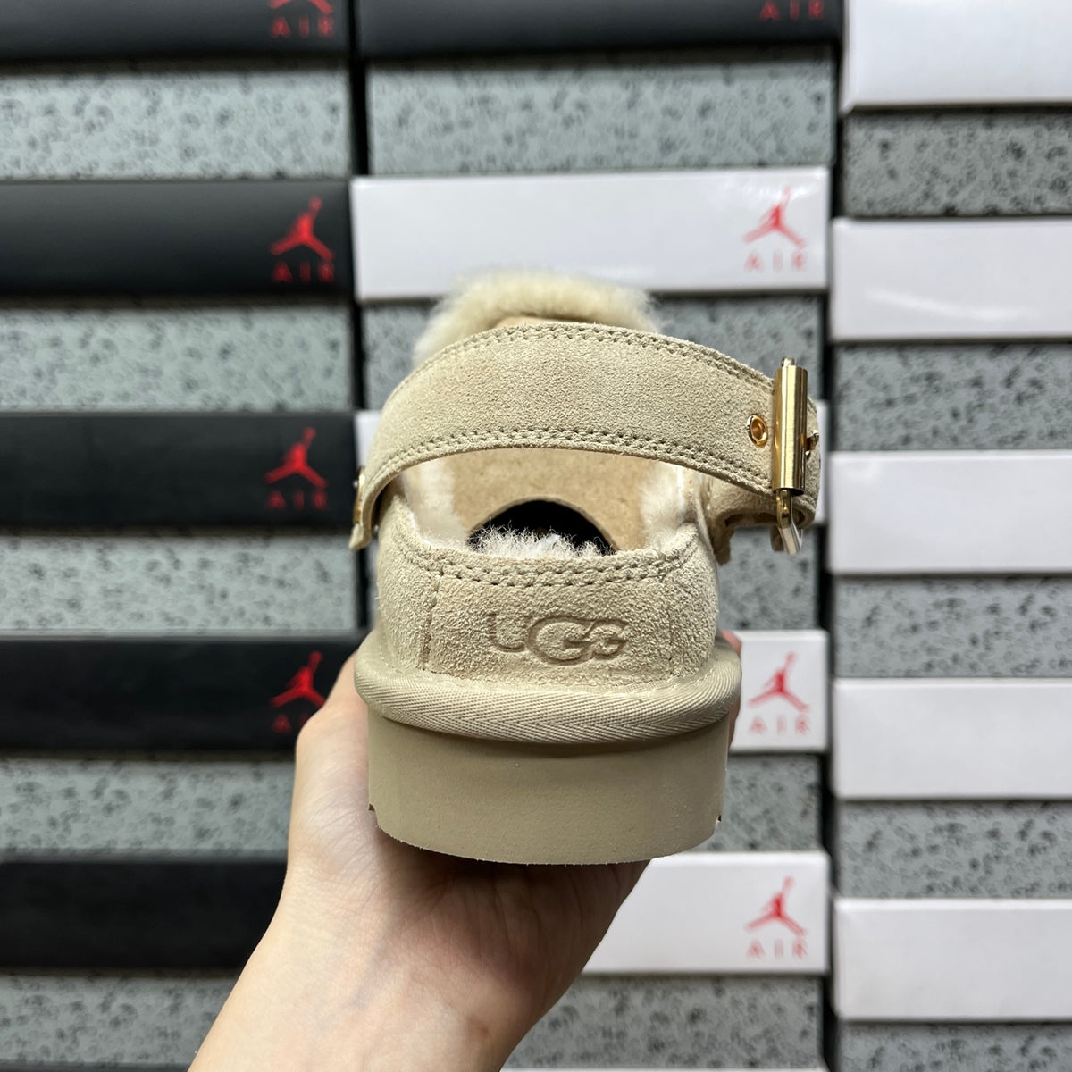 UGG Goldenstar Evelina Clog – Sand Suede Platform Clog with Gold Buckle & Sheepskin Lining