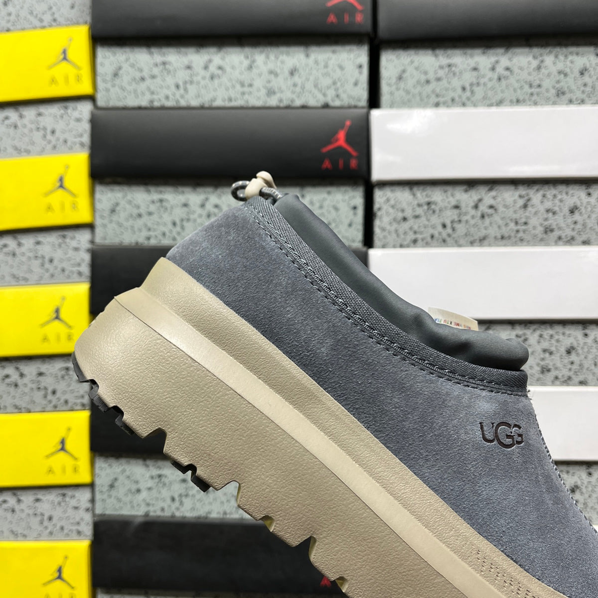 UGG Tasman Weather Hybrid – Slate Grey Suede Slip-On with Taupe SugarSole & Sheepskin Lining
