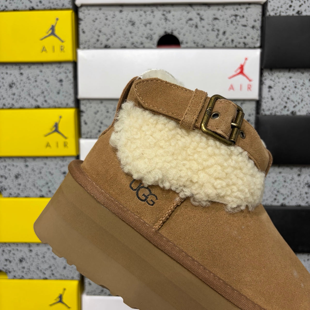 UGG Round-Toe Buckle Mid-Shaft Boot – Chestnut Suede with Sheepskin Lining