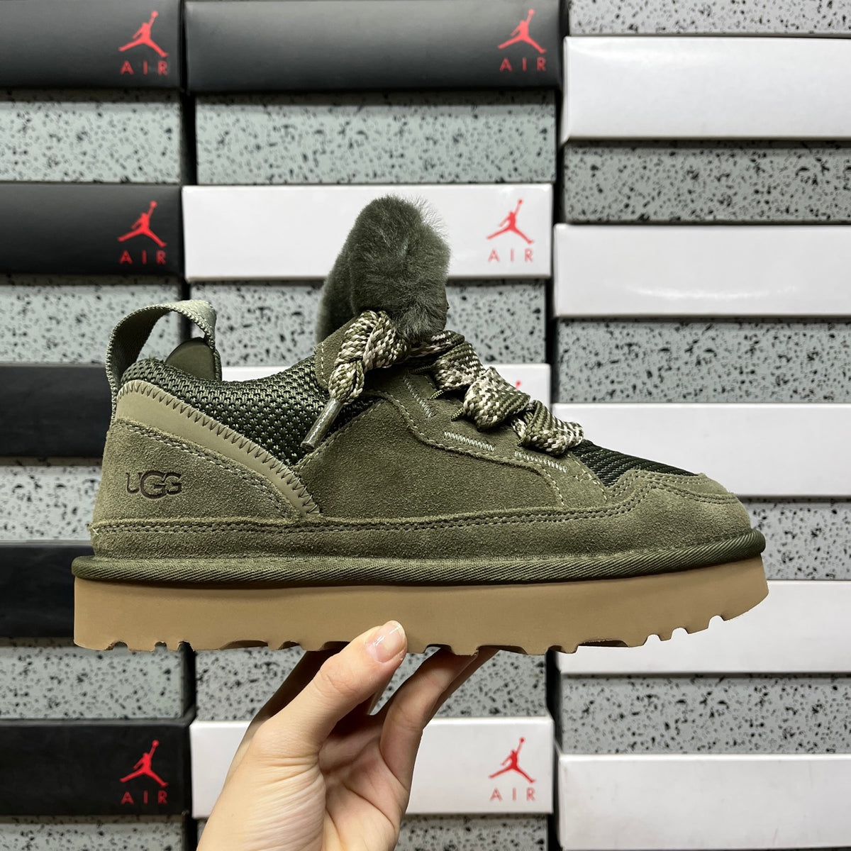 UGG Lowmel Sneaker – Moss Green Suede & Mesh with Pompom Laces & Gum SugarSole